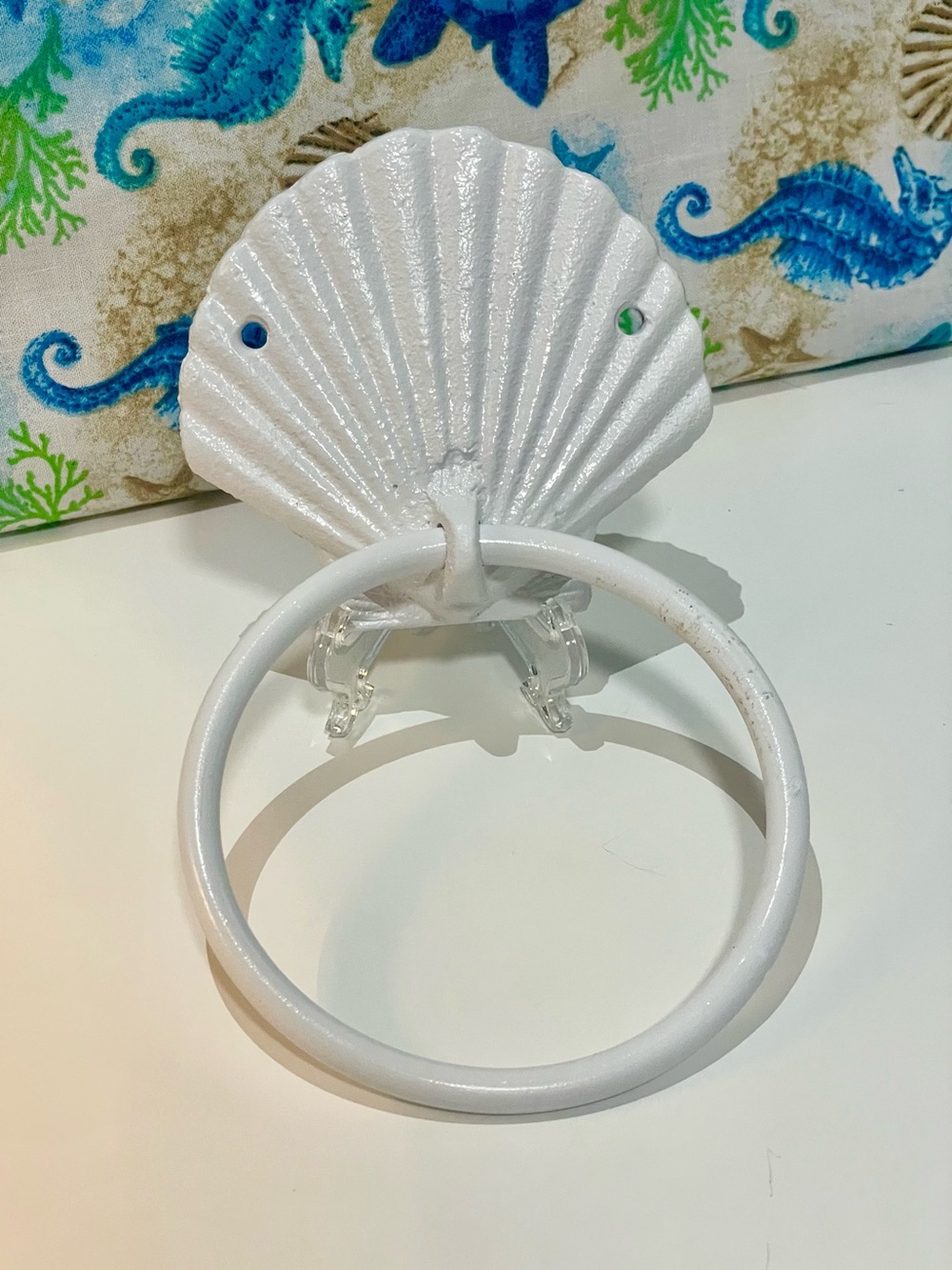 White Cast Iron Scallop Shell Towel Ring | Coastal Bathroom Wall Towel Holder